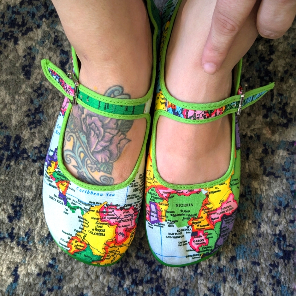 Hot Chocolate Design "Bon Voyage" World Map Mary Janes